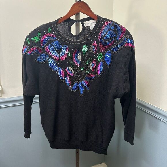 Vintage Vibi International Sequined Beaded Sweater Keyhole Back Size Medium - Picture 1 of 5
